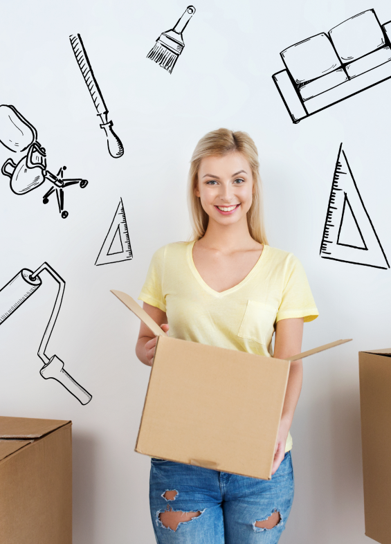moving repair housing accommodation people concept smiling young woman with cardboard box home doodles 1