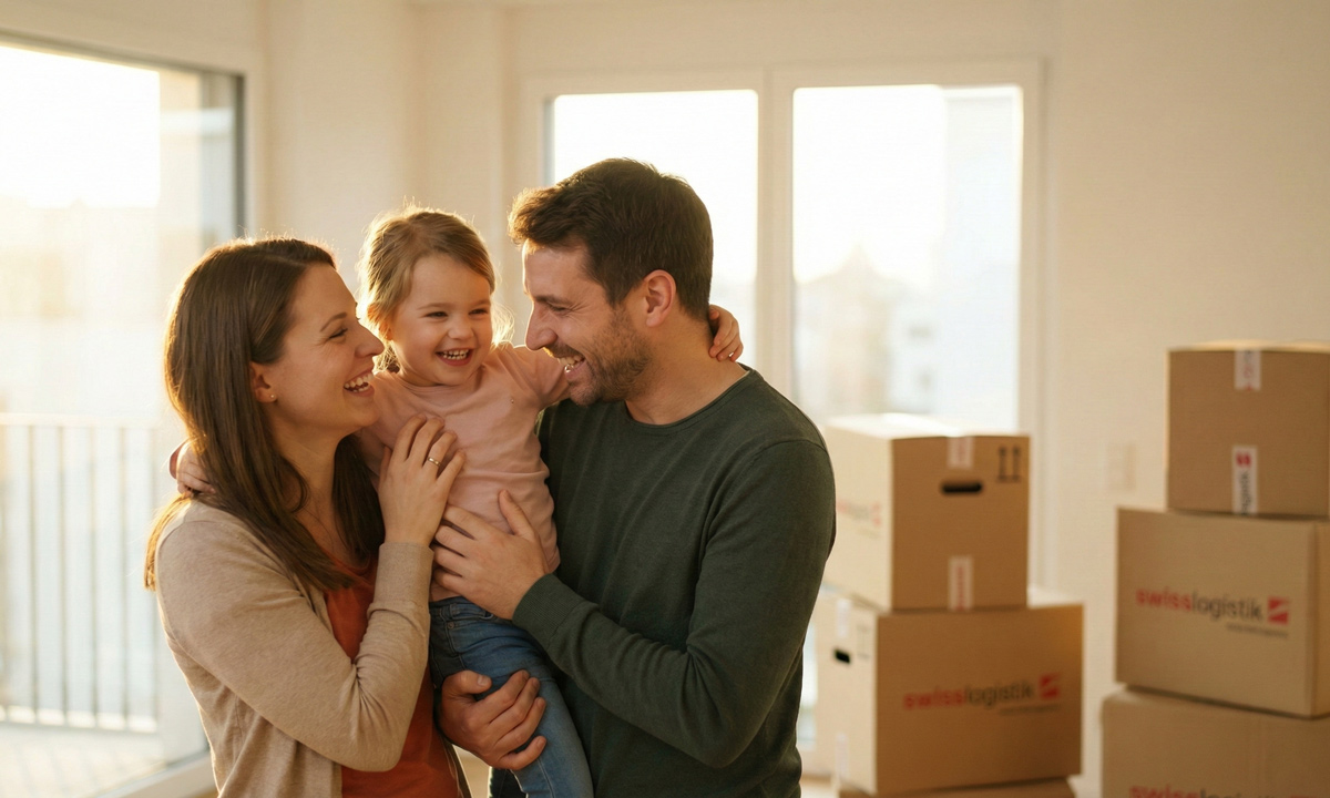 Glückliche Familie in neuer Wohnung, Umzugskartons im Hintergrund
