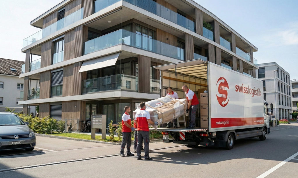Professionelles Umzugsteam von SwissLogistik verlädt Möbel in Dietikon vor einem modernen Wohnhaus