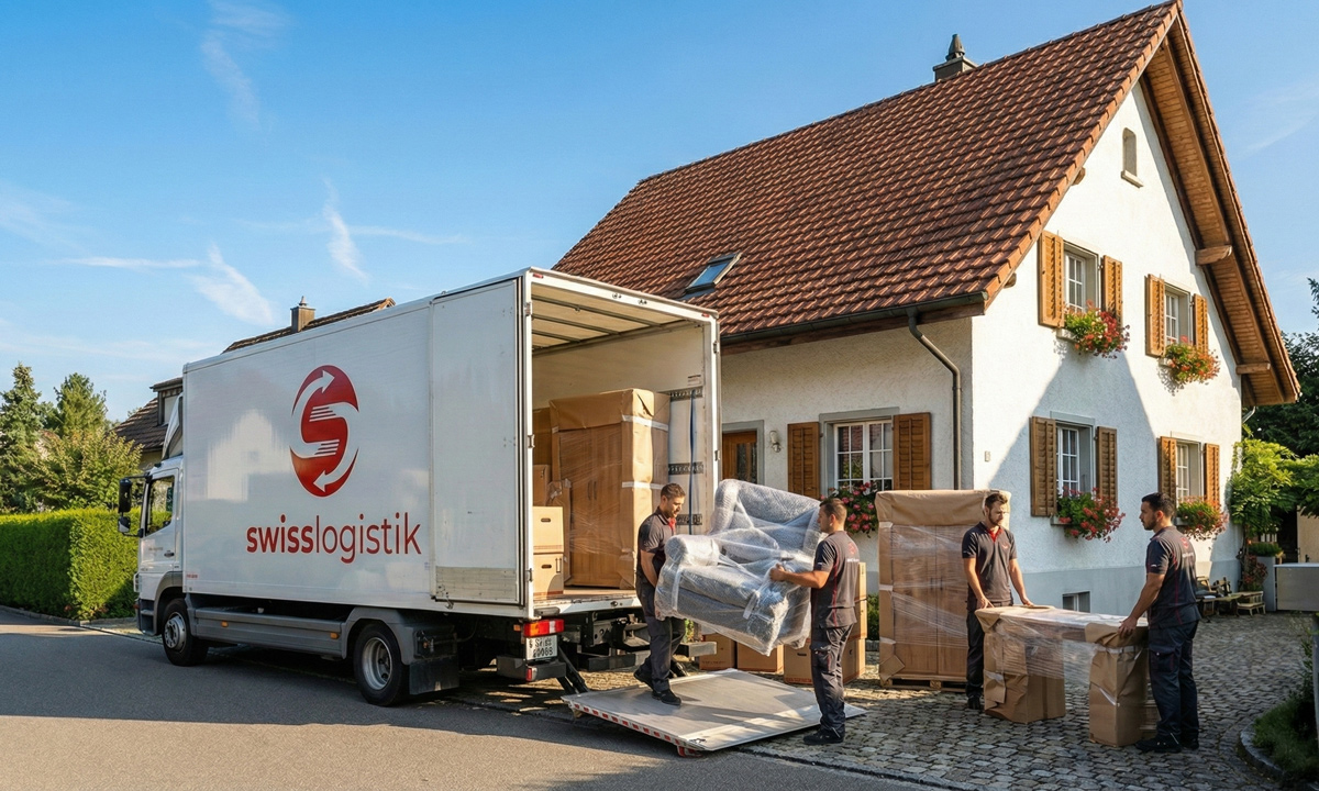 SwissLogistik LKW vor einem Wohnhaus in Wetzikon, blauer Himmel, professionelles Umzugsteam