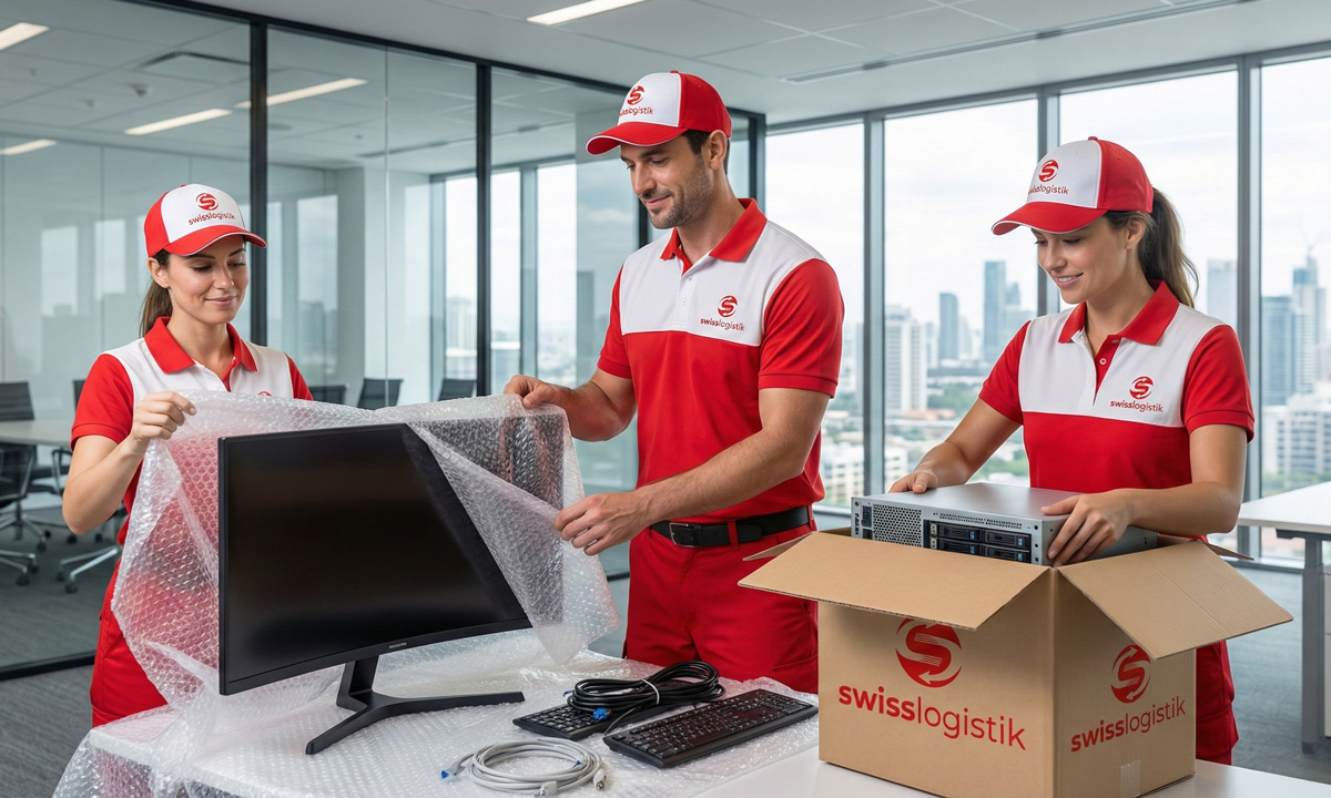 SwissLogistik Team beim Verpacken von IT-Equipment und Büromöbeln in einem modernen Bürokomplex