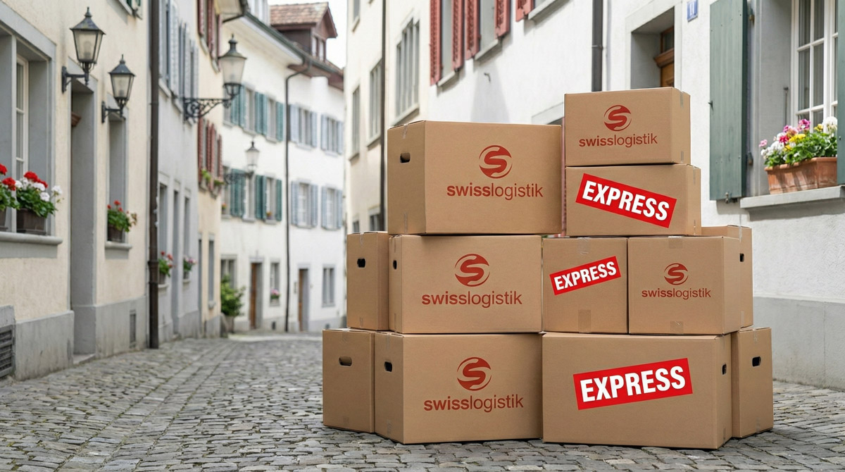 Gestapelte beschriftete Umzugskartons mit Express-Aufkleber, im Hintergrund Wädenswiler Altstadtgasse