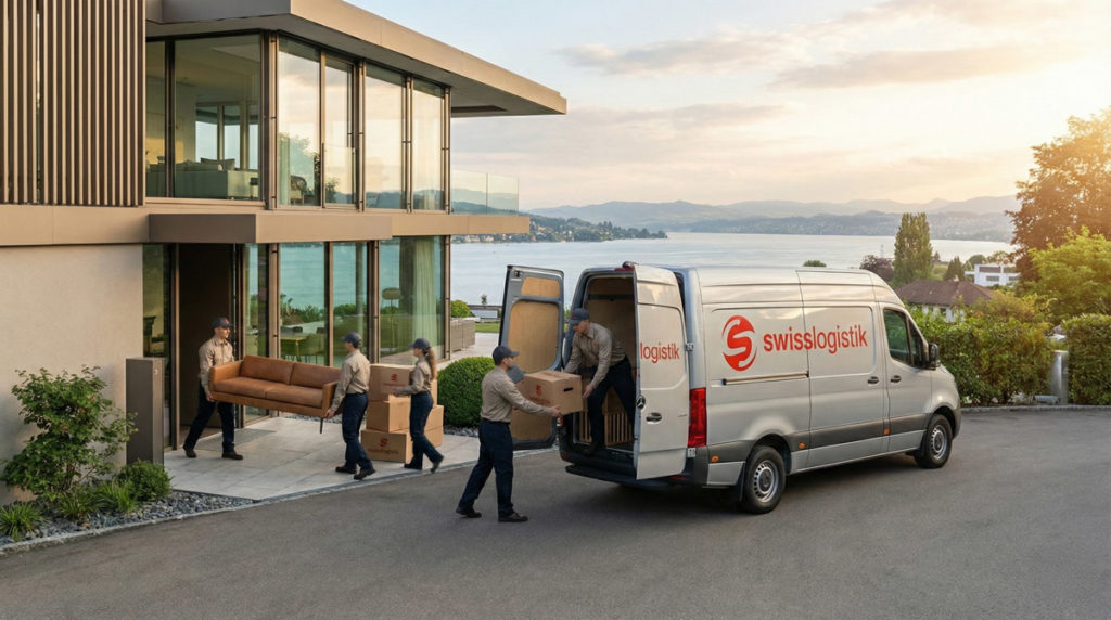Umzugsfirma Wädenswil Express – Moderner Transporter vor Villa am Zürichsee, Helfer beim zügigen Entladen