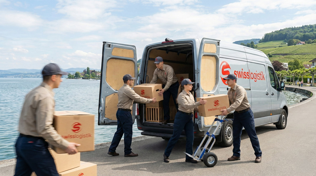 Umzugsfirma Wädenswil Expressumzug – Team beim blitzschnellen Verladen eines Transporters vor Seekulisse