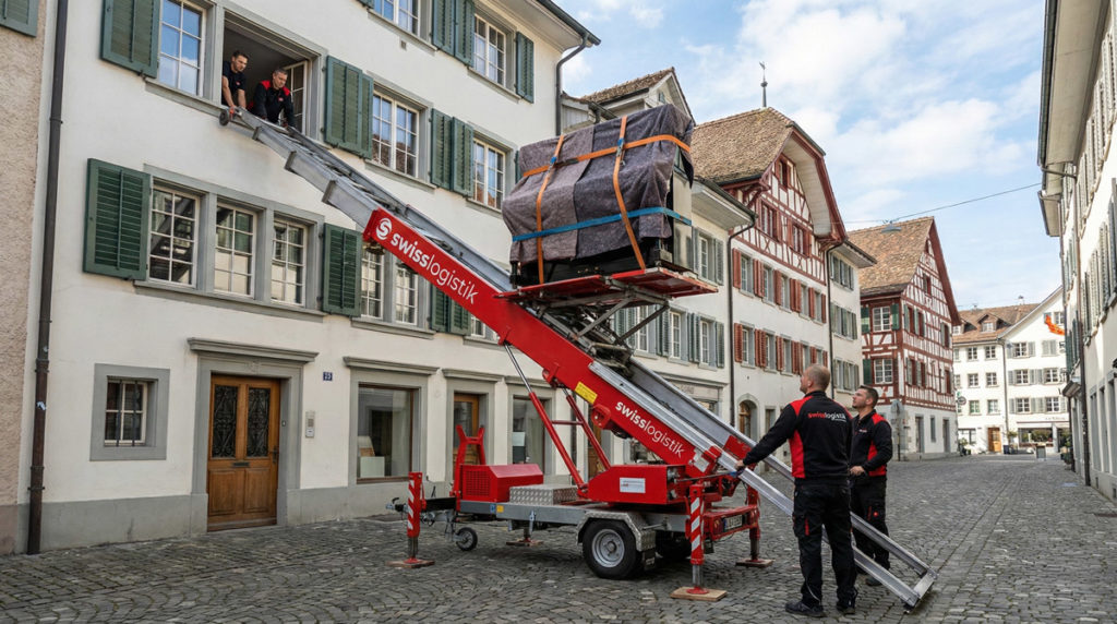 Umzugsunternehmen Wädenswil transportiert sicher ein Klavier mit Möbellift – Spezialtransport